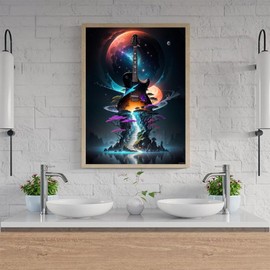 JXAVAXDE Guitar Art Diamond Painting Diamond Kits Embroidery Electric Guitar Castle 5D Full Diamond Paste Craft, for Family Interactive Wall Decor Cafe Decor or Gifts for Friends 12x16 inch