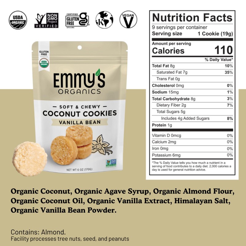 Emmy's Organics Vanilla Bean Coconut Cookies (Pack of 2) |