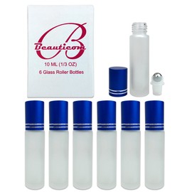 Beauticom® Glass 10ml ~ 1/3 oz Roller Bottles with Metal Cap, Stainless Steel Roll Balls for Essential Oil, Aromatherapy, Perfume, Lip Gloss, Lip Balm, Roll on Bottles (12 Bottles, BLUE)