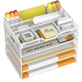OrgMate 5 Tier Paper Letter Tray with 3 Drop-in Pen Holders, Mesh Desk File Organizer with Handle, Desk Organizers and Accessories for School,Home, Office Supplies Storage-White