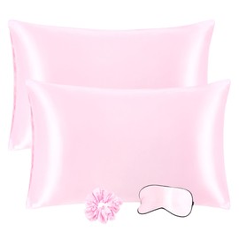 PiccoCasa Satin Pillowcases for Hair and Skin with Eye Mask and Scrunchie Soft Pillowcase 2 Pack Envelope Closure Silky Bed Pillow Covers Set for Sleeping Pink 50 x 65cm