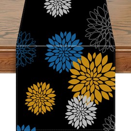 Snycler 13x48 Inch Table Runner Blue Yellow Dahlia Pinnata Flower Table Runners Modern Elegant Pompon Farmhouse Geometric Table Center Black Linen Decor for Home Dining Party Entrance