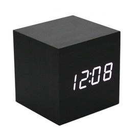 Lancoon Wooden Alarm Clock - Mini Cube LED Digital Clock with Time/Date/Temperature Display, 3 Levels Brightness and Voice Control Great for Home Office Travel - AC10Black_White