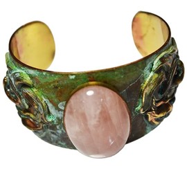 Elaine Coyne Collectible Artwear Verdigris Patina Brass Art Nouveau Calla Lily Graduated Cuff with Rose Quartz Made in USA