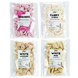 Just Treats Sweet Quartet - White Mice, White Candy Sticks, Candy Foam Shrimps, White Choc Snowies (4 x 175g Bags) - 11,29,30,31