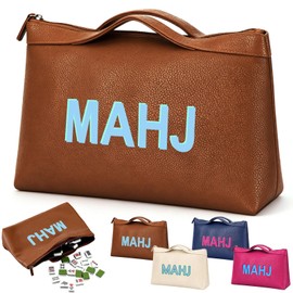 Tallew Leather Mahjong Tile Bag with Zipper Handle Lining Mahjong Storage Pouch for Tiles Playing Cards Dice Board Game Accessories Ideal Gift for Lover Playing Game Night Party Travel (Brown)