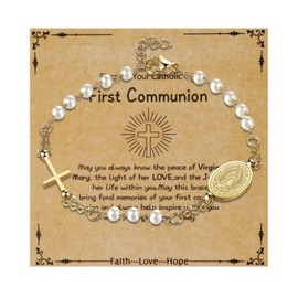 Cross Rosary Beads Catholic Bracelet: Pearl Stainless Steel Jesus Christ Crucifix First Communion Baptism Confirmation Cross Charm Bracelet for Men Women, Gold