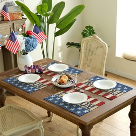 GEEORY 4th of July Decorations Star and Stripe Freedom Placemats 12x18 Inch Set of 4 Rustic Patriotic Kitchen Dining Independece Memorial Day Table Decor for Indoor Outdoor Dinner Party GP083-18