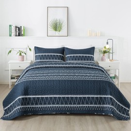 Andency Navy Blue Quilt Set Queen (90x96 Inch), 3 Pieces(1 Striped Triangle Printed Quilt and 2 Pillowcases), Bohemian Summer Lightweight Reversible Microfiber Bedspread Coverlet Sets
