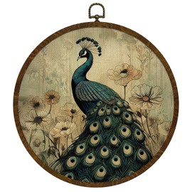 KLYTINK Vintage Peacock Round Wall Art,Canvas Prints with floral Design, Rustic Bird Hanging Wall Decor for Living Room, Bedroom, Farmhouse or Gallery Space,10"x10" (Peacock)