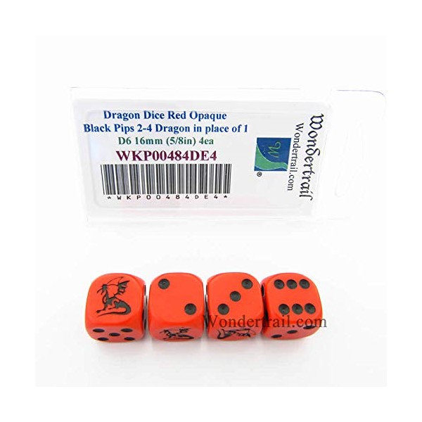 Wondertrail Dragon Dice Red Opaque with Black Pips D6 16mm (5/8in) Set of 4
