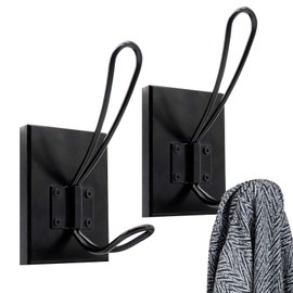 TEGUEPS Coat Hooks Wall Mounted, 2 Pack Wood Wall Hooks for Hanging, Towel Hook for Bathroom, Bedroom, Entryway, Kitchen (Black)