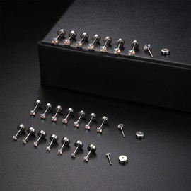 Drperfect 12Pairs 20G Stainless Steel CZ Stud Earrings for Women Men Cartilage Helix 2mm Stud Earrings Set Round Cubic Zirconia Screw Flat Back Stud Ear Piercing