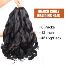 8 Packs French Curly Braiding Hair 12 Inch Loose Wave Spiral Curly Crochet Hair for Black Women Pre Stretched Braiding Hair with Curly Ends (12 inch, 1B#)