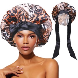 DONNA Large, Extra Large Adjustable Tie Satin Bonnet Sleep Cap 1pc Satin Headband Around Hairline & Nape Area Hair Accessories Night Cap Shower Caps, 1PC MULTI ANIMAL PATTERN
