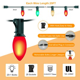 Abeja C9 LED Christmas Lights Outdoor, 25 Ft C9 Vintage String Lights with 26 Shatterproof Multicolor LED Bulbs, Connectable Multicolor Lights for Holiday Party Roofline Garden Patio, Red/Green/White