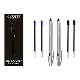 BIC Cristal Re'New Gift Box Refillable Metal Ballpoint Pen Blue and Black 2 Pens + 4 Refills for School and Office