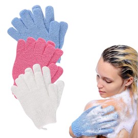 3 Pair Shower Gloves Exfoliating, Deep Clean Body Exfoliator Scrub with Lanyard, Dead Skin Remover Shower Body Scrub Gloves for Shower, Spa, Massage and Dead Skin Cell - White, Red, Blue
