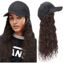 Synthetic Long Wave Baseball Cap with Hair Brown Black Wavy Women Wig Hats with Hair Wavy Extensions