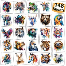 CHARLENT Temporäre Tattoos mit Safaritieren in Aquarellfarben für Partyzubehör für Kinder – 74 Einzelne Blätter Mit Tier-Tattoos für Geburtstagspartys für Jungen Und MäDchen