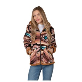 TrailCrest Ladies Smart Plush Sherpa Lined Hooded Sweater Jacket, Zip Up Classic Brown Aztec, X-Large
