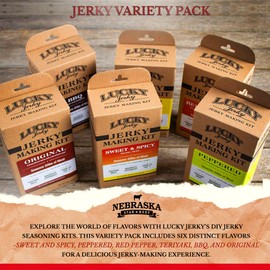 Lucky Beef Jerky DIY Jerky Seasoning and Cure Kits - Variety Pack with Six Flavors | Make Your Own with Sweet and Spicy, Peppered, Red Pepper, Teriyaki, BBQ, and Original- Season 120lbs of Meat