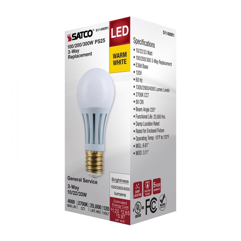Satco LED Three-Way Lamp, 10/22/33W, Mogul Base, 2700K, White Finish