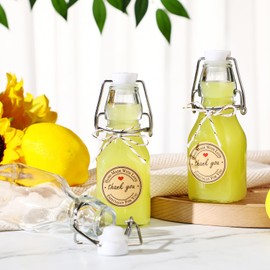 Teenyyou 20 PCS 4.05OZ Mini Flip Top Square Glass Bottle with Stoppers Decorative Swing Top Bottles Small Glass Bottles with Lids Kraft Adhesive Round Stickers for Wedding Vanilla Extract Party Favors