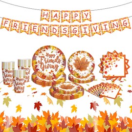 Friendsgiving Party Supplies,Happy Friendsgiving Decorations Includes Banner Tablecloth Cups Plates Napkins for Friendsgiving Thanksgiving Fall Party Decorations.