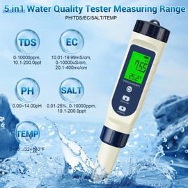 5 in 1 PH Meter Water, High Precision Water Tester with LCD Display, PH Value Meter, TDS/EC/Salinity/Thermometer/pH Tester, Ideal for Drinking Water, Pool, Hydroponics