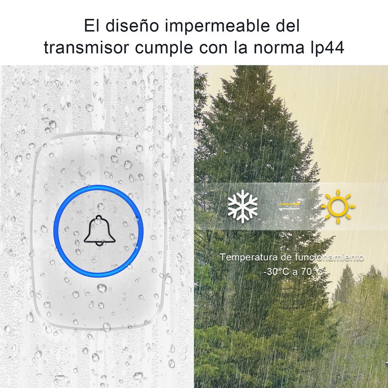 Timbre Inalámbrico para Puerta Exteriores, Botón Impermeable, Rango de Trabajo