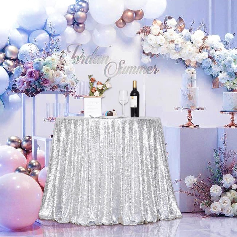 PartyDelight Sequin Tablecloth, Round, 70", Silver