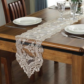 KnSam Table Runner, Christmas Decoration Table Runner, Floral Pattern with Lace, Polyester Table Runner, Long Table Decoration, Champagne, 26 x 70 cm