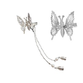 TSLRSA 2 pieces butterfly tassel hair clip, removable flash 3D snap hair clip, metal crocodile clip, snap hair clip, girls' hair accessories (silver)