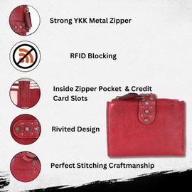 VILENCA HOLLAND Genuine Italian Leather Boho Studded Bifold Wallet – Zipper Coin Purse & Credit Card Holder for Women (Red)