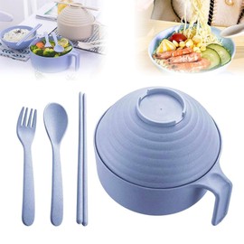 AstraGlam Blue Bowl with Matching Cutlery Set, 300 ml Capacity, Hand Painted with Unique Multicoloured Design, Stackable and Environmentally Friendly