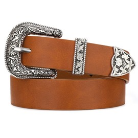 WOWOGO Western Cowgirl Belts for Women Country Cowboy Vintage Leather Engraved Buckle Belt for Jeans Dresses