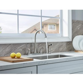 VALISY 3 Hole or 4 Hole Two Handle Kitchen Faucet with Side Sprayer, Commercial Lead-Free Brushed Nickel Kitchen Sink Faucets for Rv Sinks with High-Arc Spout & Side Sprayer, VADR0004L