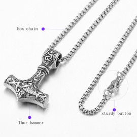 RWQIAN Men's Mjölnir Necklace Thor's Hammer Pendant Hammer Chain Viking Necklace Men's Viking Jewellery Silver/Black/Gold 50-70 cm, Stainless Steel