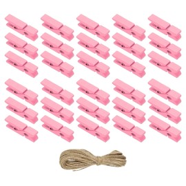 PATIKIL 1.4" Wooden Colored Clothes Pins, 50Pcs Mini Colorful Wooden Clothes Clips with 32Ft Jute Twine Strong Grip Photo Clips for Pictures Hanging Clothes Decorative Crafts, Pink