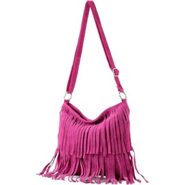 Kitise Womens Bright Colour Real Italian Suede Leather Fringe Shoulder Handbag Ladies Across Body Messenger Side Bag (Fuchsia)