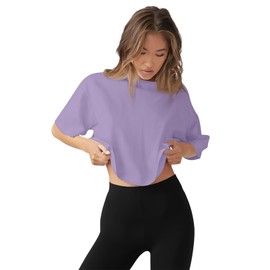 LASLULU Womens Short Sleeve Workout T-Shirts Loose Fit Casual Yoga Tee Exersice Outdoor Crop Tops Summer Outfits Going Out Tops(Violet Medium)