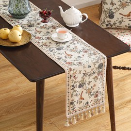 ISAENNE Designer Elegant Linen Table Runner 118 Inches, Flower and Bird Pattern Long Table Runners for Thanksgiving,Dining Room,Banquet,Holiday,Christmas,New Year,12"*118"