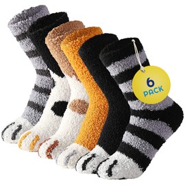 Sunny Socks 6 Pairs Cat Paw Fluffy Socks – Thermal Warm Funny Novelty Socks for Women | Winter Multipack Cat Gifts for Women | Cute Animal Socks for Girls and Ladies | Comfortable and Cozy Cat Socks