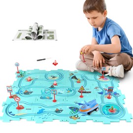 XAZASTOV Puzzle Track Car Play Set, Plastic Puzzles for Kids Ages 3-5 with Vehicles, Electric Trolley Puzzle, Car Tracks for Toddlers, Toys Gifts for 2 3 4 5 6 Year Old Boys Girls