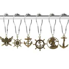 INSYOHO - Ganchos náuticos para cortina de ducha, paquete de 12 – Ganchos de baño con temática de barco de bronce antiguo con ancla, pirata, yelmo y velero para decoración de playa costera, accesorios