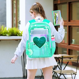 gxtvo 3PCS See Through Backpack Heavy-Duty Set for Women & Teen Girls, 17" Clear Bookbag with Rainbow Strap, Green Sequins Transparent School Bag