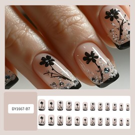 LOPMNGHT 24Pcs Black French Tip Press on Nails Short Black Flower False Nails Rhinestones Design Full Cover Stick on Nails Artificial Coffin Nails Nude Acrylic Nails Reusable Glue on Nails for Women
