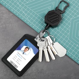 DELSWIN Genuine Leather ID Badge Holder with Retractable Clip, Heavy Duty Retractable Keychain with ID Card Holder, 31.5" Retractable Cord (1 Badge Reel, 2 Holders)