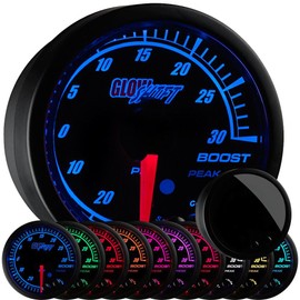 GlowShift Elite 10 Color 30 PSI Boost/Vacuum Gauge Kit - Includes Electronic Pressure Sensor - Black Dial - Tinted Lens - Peak Recall Function - for Car & Truck - 2-1/16" 52mm